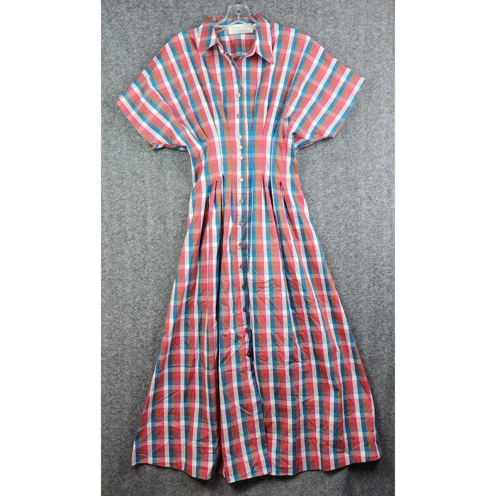 Exquise Anthropologie Maxi Dress Womens XXS Raspberry Multi Plaid Button Front